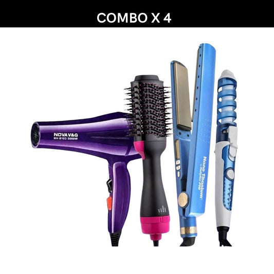 Combo 4 en 1 Plancha Pro, Cepillo Secador, y Rizador