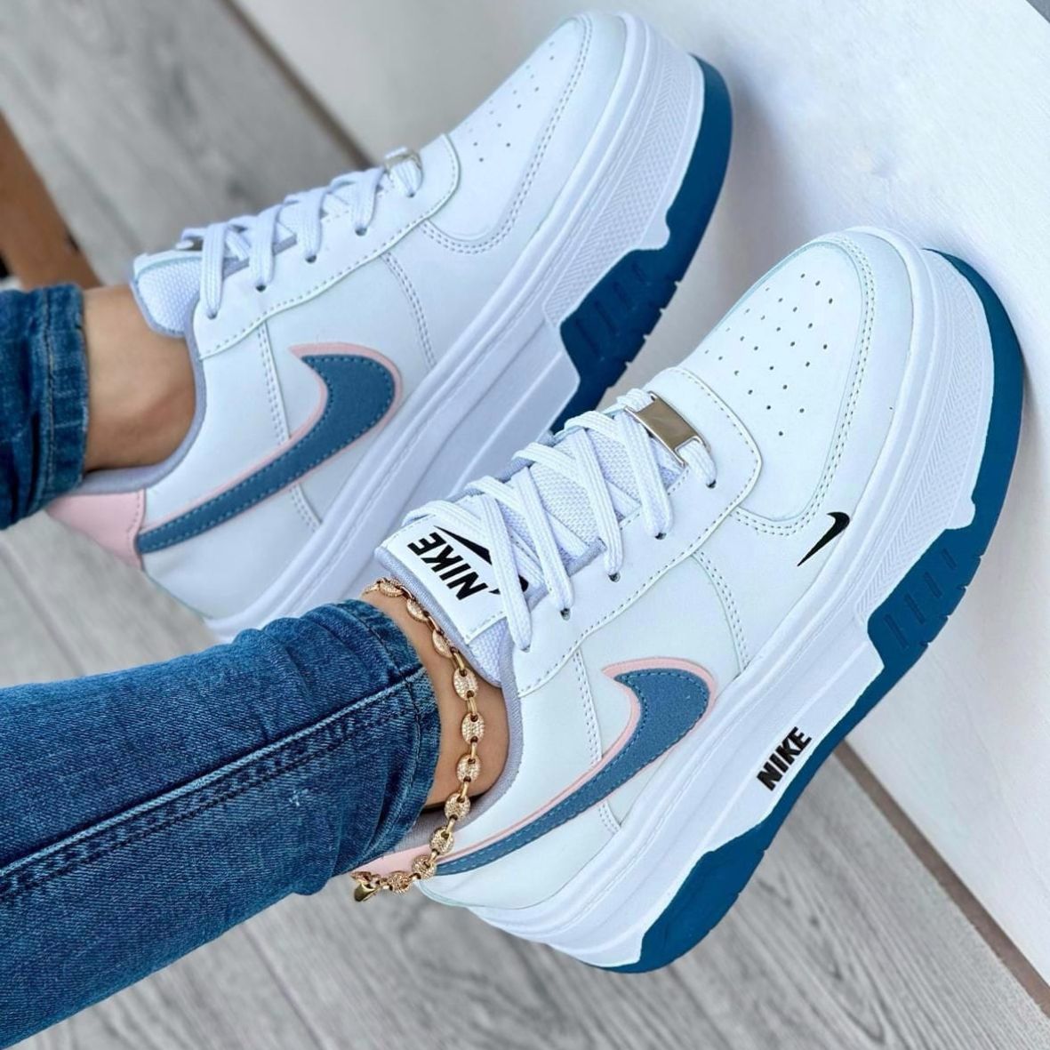 Tenis Doble Suela Blanco Azul Dama